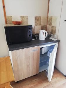 una cocina con microondas en una encimera en Kemp a Loděnice Podolsko - Chatka pro 2 osoby, 