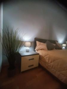 1 dormitorio con 1 cama y mesita de noche con una planta en Corso Italia, en San Giovanni Valdarno