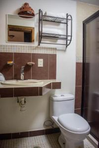 een badkamer met een toilet, een wastafel en een spiegel bij Hotel Real del Carmen - Ideal para familias y parejas in San Cristóbal de Las Casas