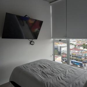 1 dormitorio con TV de pantalla plana en la pared en Ifreses Apartamento 11, en San José