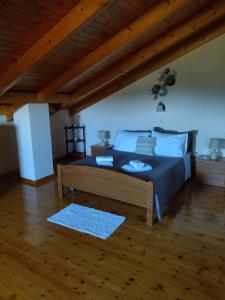 ein Schlafzimmer mit einem Bett und einer Holzdecke in der Unterkunft Villa Serenity in Vóvikes