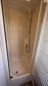 y baño con ducha y puerta de cristal. en Holiday Freedom, en Clacton-on-Sea
