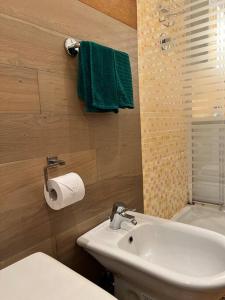 a bathroom with a sink and a toilet and green towels at La casa dei sogni in Falconara Marittima