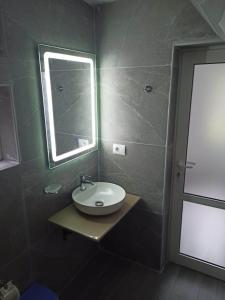a bathroom with a sink and a mirror and a shower at Kristina Mitllari 1 in Pogradec