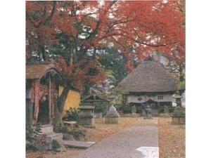 Business hotel Green Plaza - Vacation STAY 43933v في Chikuma: حديقة فيها مبنى وشجرة فيها اوراق حمراء