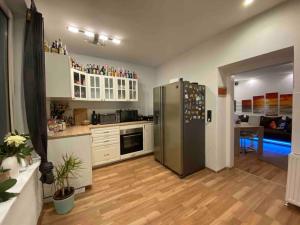 Modern Apartment near RedBull Circuit في زيلتويج: مطبخ مع ثلاجة كبيرة ستانلس ستيل
