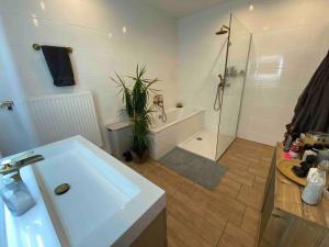La salle de bains est pourvue d'une baignoire, d'un lavabo et d'une douche. dans l'établissement Modern Apartment near RedBull Circuit, à Zeltweg
