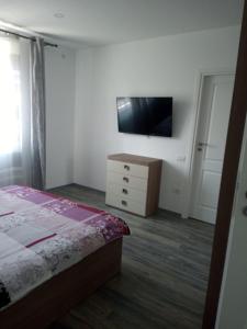 um quarto com uma cama e uma televisão na parede em New Apartment em Petroşani