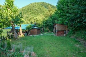un patio con una casa y una montaña en el fondo en ECO cabin Plivsko jezero Jajce en Jajce