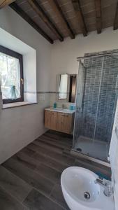 La salle de bains est pourvue d'un lavabo et d'une douche en verre. dans l'établissement La Quinta Decima Bioagriturismo, à Fattoria Spedaletto