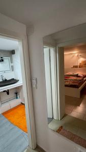 1 dormitorio con espejo y 1 cama en una habitación en Gemütliche möblierte Souterrain Wohnung, en Hannover