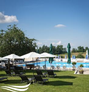 - un groupe de chaises longues et de parasols à côté de la piscine dans l'établissement Kosmajski Izvor, à Sopot
