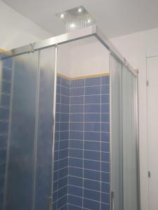 a bathroom with a shower with a blue tile wall at La casa di Uccia in Trieste +8 photos