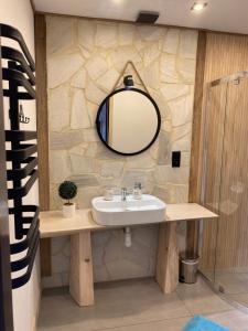 ein Badezimmer mit einem Waschbecken und einem Spiegel an der Wand in der Unterkunft Apartamenty Migaczówka in Tylicz