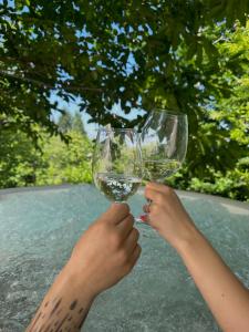 a person holding up a glass of wine at Il Bosco di Paolo - Glamping in Sestola