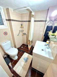uma casa de banho com um WC branco e um lavatório. em Best View Katechaki Bridge Metro em Atenas