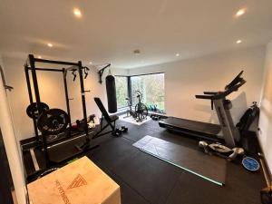 a large room with a gym with a treadmill and a treadmill at Killarney modern family cottage in Killarney