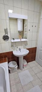 a bathroom with a sink and a toilet and a mirror at M&G centar grada in Požarevac +37 photos