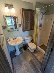 uma casa de banho com um lavatório, um WC e um chuveiro em Corsa's Pillowfort em Juneau