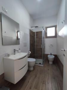 uma casa de banho com um chuveiro, um lavatório e um WC. em B&B DreAm Porto Cesareo em Porto Cesareo