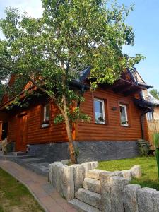 a wooden house with a tree in front of it at Alpakowy raj in Nowy Targ