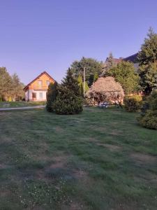 a large yard with a house and trees and grass at Agroturystyka Jagodowa Róża - Maria Farganus in Mszana Dolna