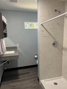 La salle de bains est pourvue d'une douche et d'un lavabo. dans l'établissement Travel Inn Gilroy, à Gilroy
