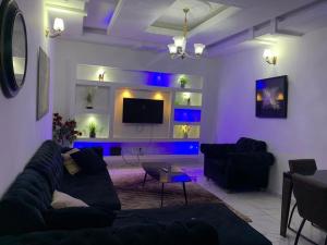 a living room with a couch and a tv at Deluxe Mansion in Buea