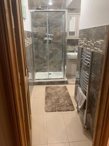 a bathroom with a shower and a glass door at FBS Homestay in Norwood
