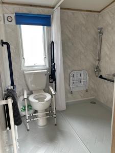 een badkamer met een toilet, een raam en een douche bij Emma's Pad at Hoburne Naish - New Forest - Wheel chair Accessible with wetroom and ramp in Highcliffe