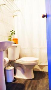 a bathroom with a white toilet and a sink at Cabañas Alegria Cajón del Maipo in San José de Maipo