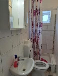 y baño con aseo, lavamanos y cortina de ducha. en Seaside holiday house Igrane, Makarska - 21577, en Igrane