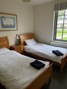 a bedroom with two beds and a window at Lough Erne Fisherman's Cottage in Enniskillen