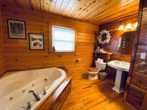 a bathroom with a tub and a toilet and a sink at Chalet with a view at Bear Mountain - Hottub in Eureka Springs +11 photos