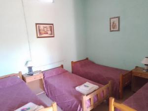 a bedroom with two beds with purple sheets at Hospedaje Guandacol in Guandacol
