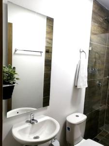a bathroom with a sink and a toilet and a mirror at Apartamento en Medellín-clínica las Americas in Medellín