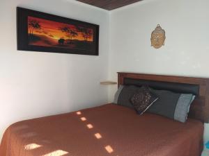 1 dormitorio con 1 cama y una foto en la pared en Hostal La Casa del Puente, en Santiago