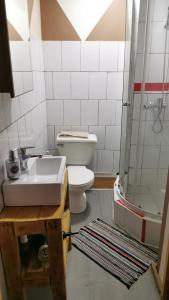 W łazience znajduje się toaleta, umywalka i prysznic. w obiekcie Arriendo casa vista al mar w mieście Las Cruces