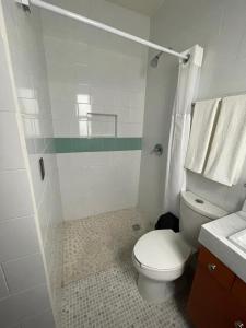 a bathroom with a white toilet and a shower at Casa Sol in Oaxaca City