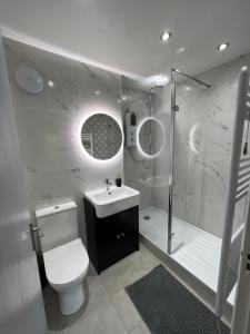a bathroom with a shower and a toilet and a sink at The Raven's Loft by Harry Potter in Garston