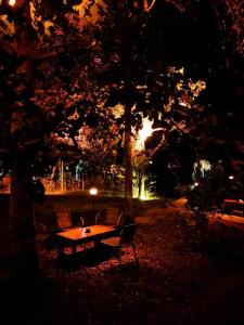 ein Tisch und Stühle in einem Park in der Nacht in der Unterkunft The Wild Side in Baan Tai