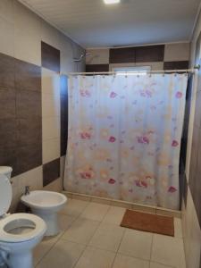 y baño con aseo y cortina de ducha. en Casa vacacional COSTA CALMA en Carhué