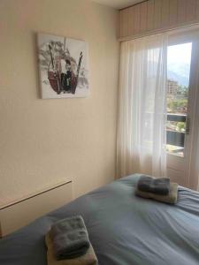 南達的住宿－Sunny Swiss apartment 6P near Télécabine by Jolidi，一间卧室配有一张床,上面有两条毛巾