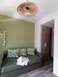 フォルカにあるChristina Apartmentsのリビングルーム(緑のソファ、天井付)