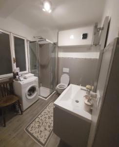 een badkamer met een wastafel en een wasmachine bij La petite rose in Limone Piemonte