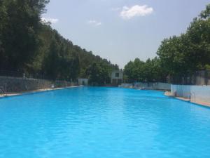 uma grande piscina de água azul com árvores ao fundo em Casa Maria en Linarejos em Orcera