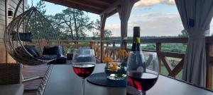 due bicchieri di vino seduti su un tavolo in veranda di Mazurskie Tarasy Kierwik a Kierwik