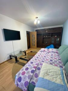 a bedroom with a bed and a flat screen tv at Sunshine Faleza Nord in Constanţa