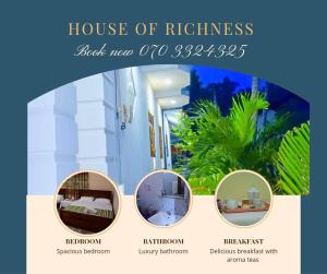 a flyer for a house of richness with four pictures of a room at House of Richness in Negombo