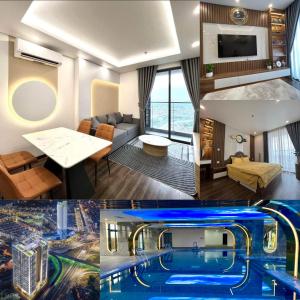 a collage of three pictures of a hotel room at Hoang Huy Grand Tower - Apartment - Homestay in Hai Phong